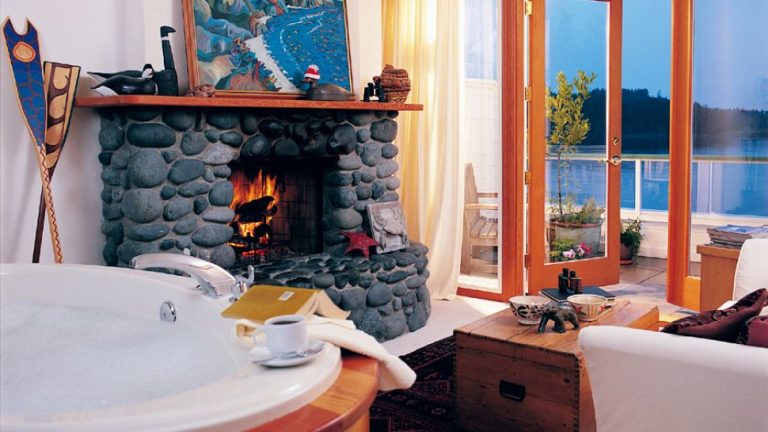 Sooke Harbour House Bedroom Bathtub Fireplace Window View