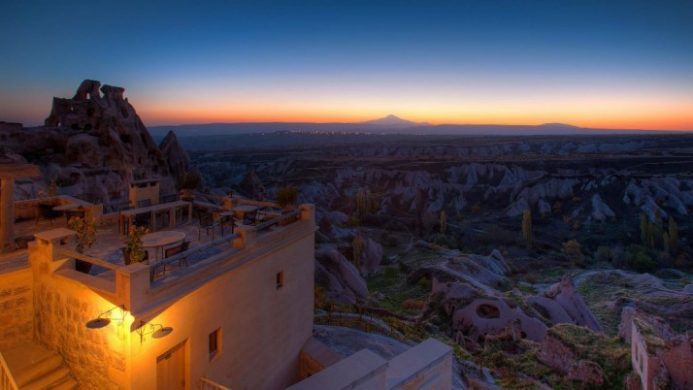 argos in Cappadocia cave hotel at nightfall