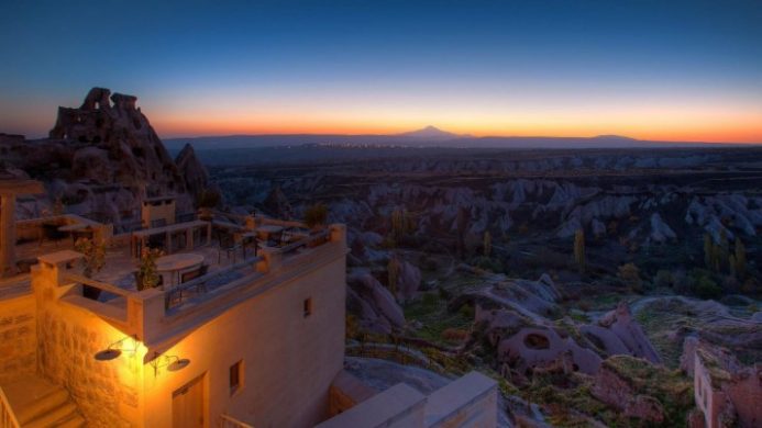 argos in Cappadocia cave hotel at nightfall