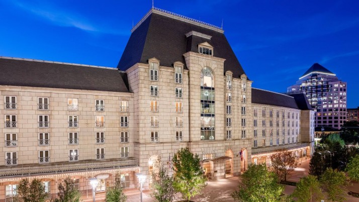 hotel exterior at nightfall