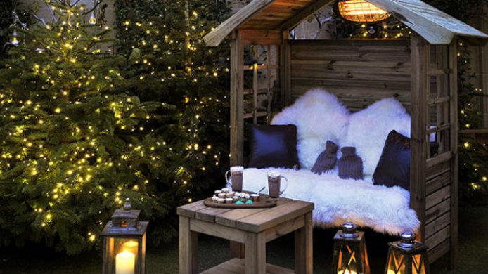 cozy outdoor bench with hot chocolate