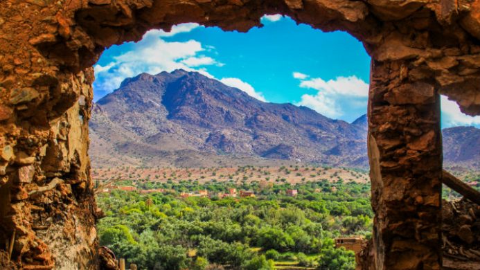 view of Atlas mountains from medieval fortress in Rabat