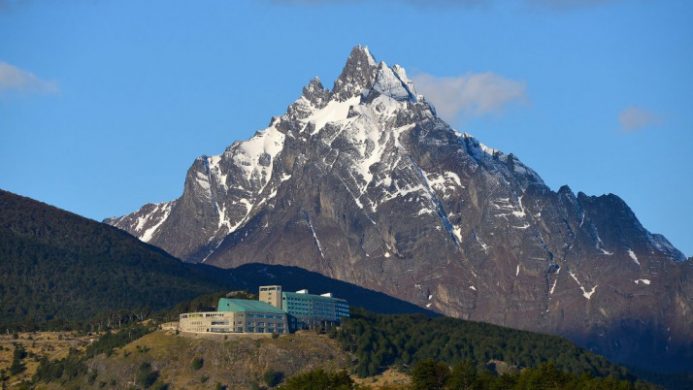 hotel and mountains in distance