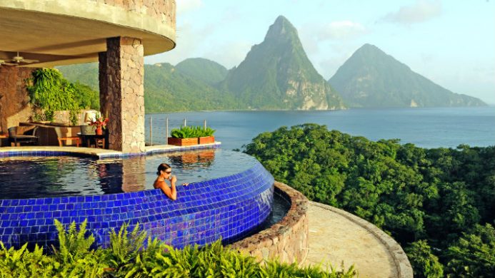 Jade Mountain resort's private pool sanctuary overlooking Piton mountains and Caribbean Sea