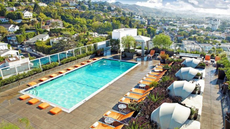 Aerial view of pool deck with view