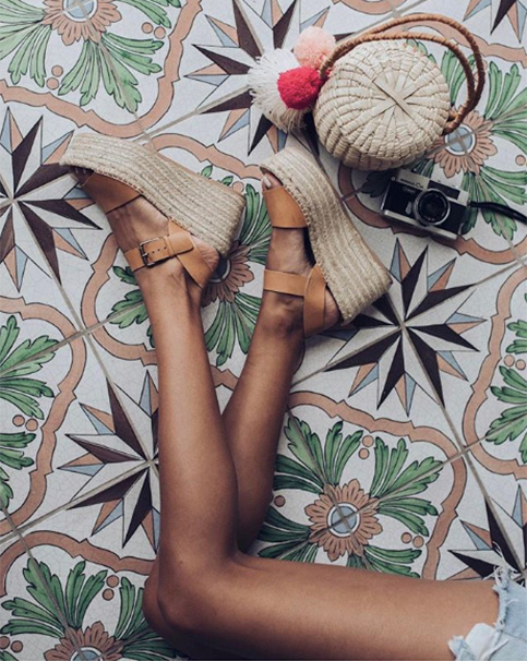 Pink and green tiles with a shot of platform sandals