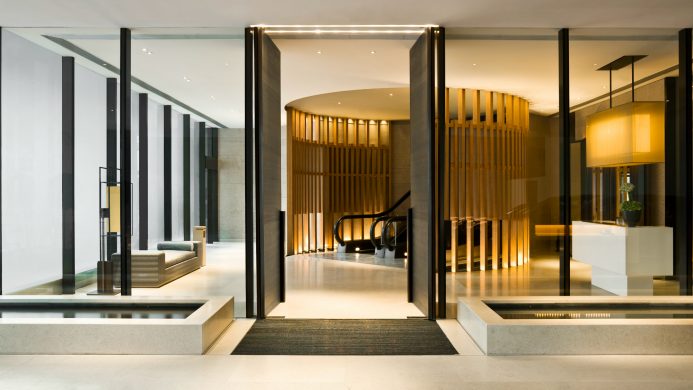 Hotel lobby with glass partitions