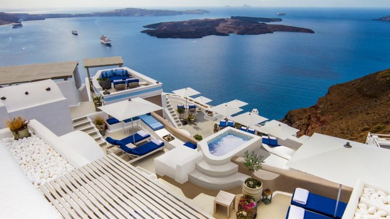 Iconic Santorini terraces and cyclade views