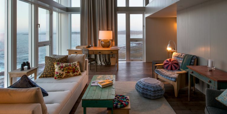 fogo island cozy lounge with ocean view