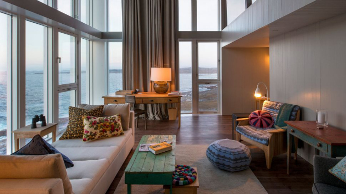 cozy lounge with local textiles and an ocean view