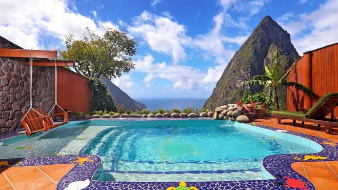 Suites at Paradise Ridge, Ladera Resort private plunge pool with swing and view of the Caribbean Sea