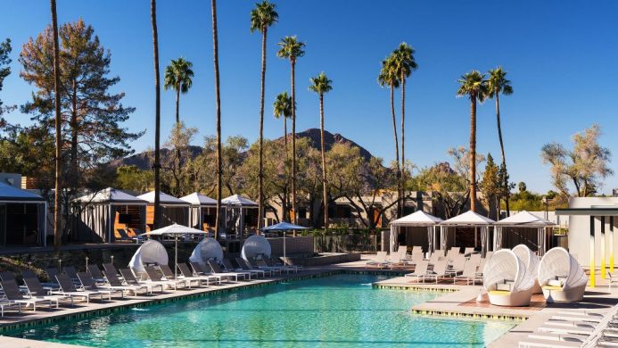 Andaz Scottsdale Resort & Spa daytime pool and cabanas with mountain backdrop