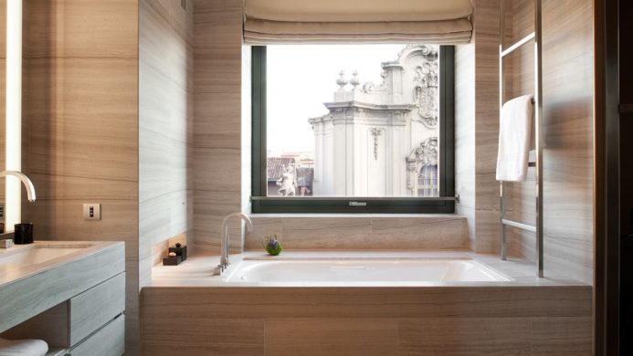 Armani Hotel Milano bath with city view