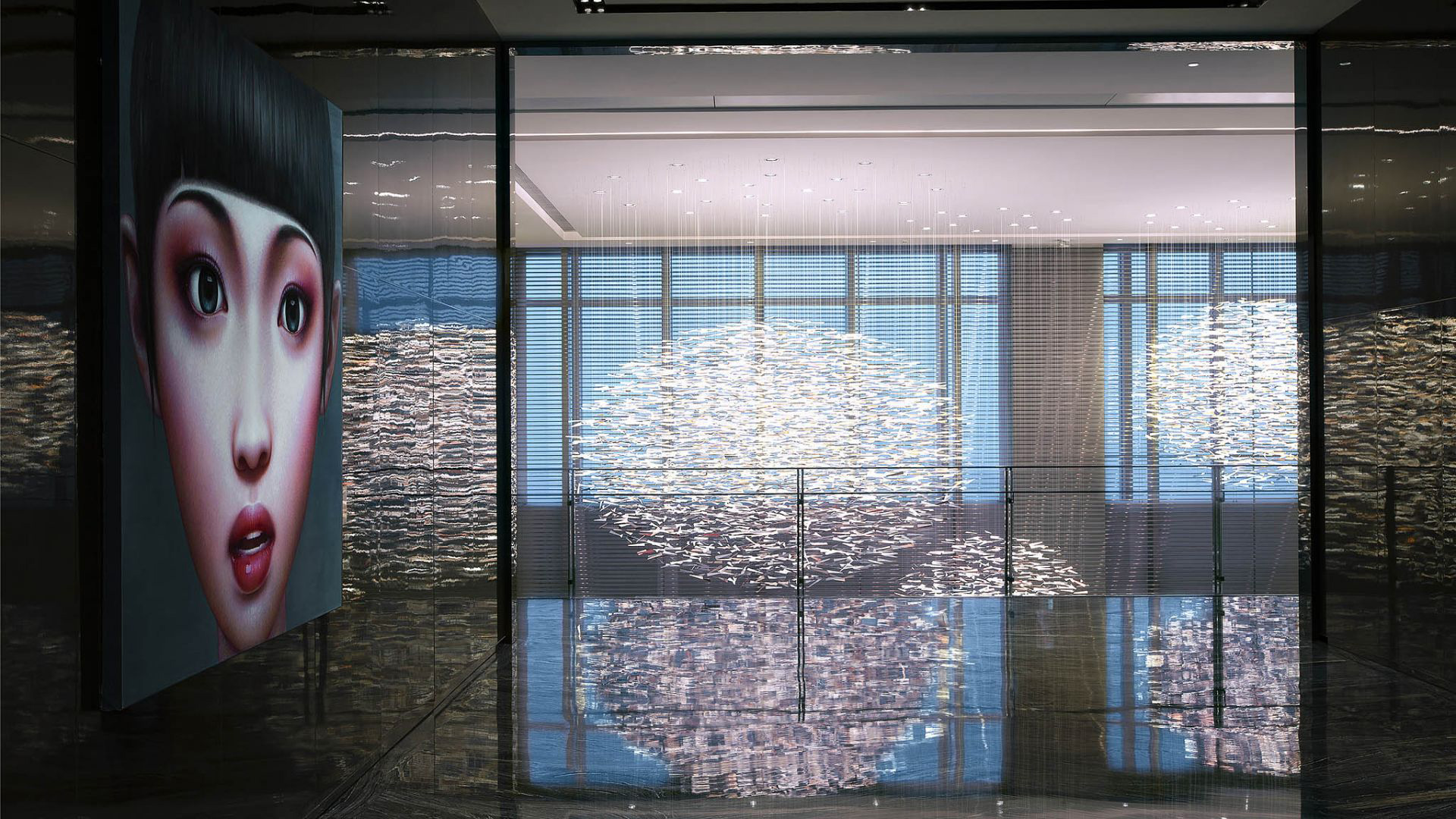 Niccolo Chongqing dim lobby with art fixtures and wall mural