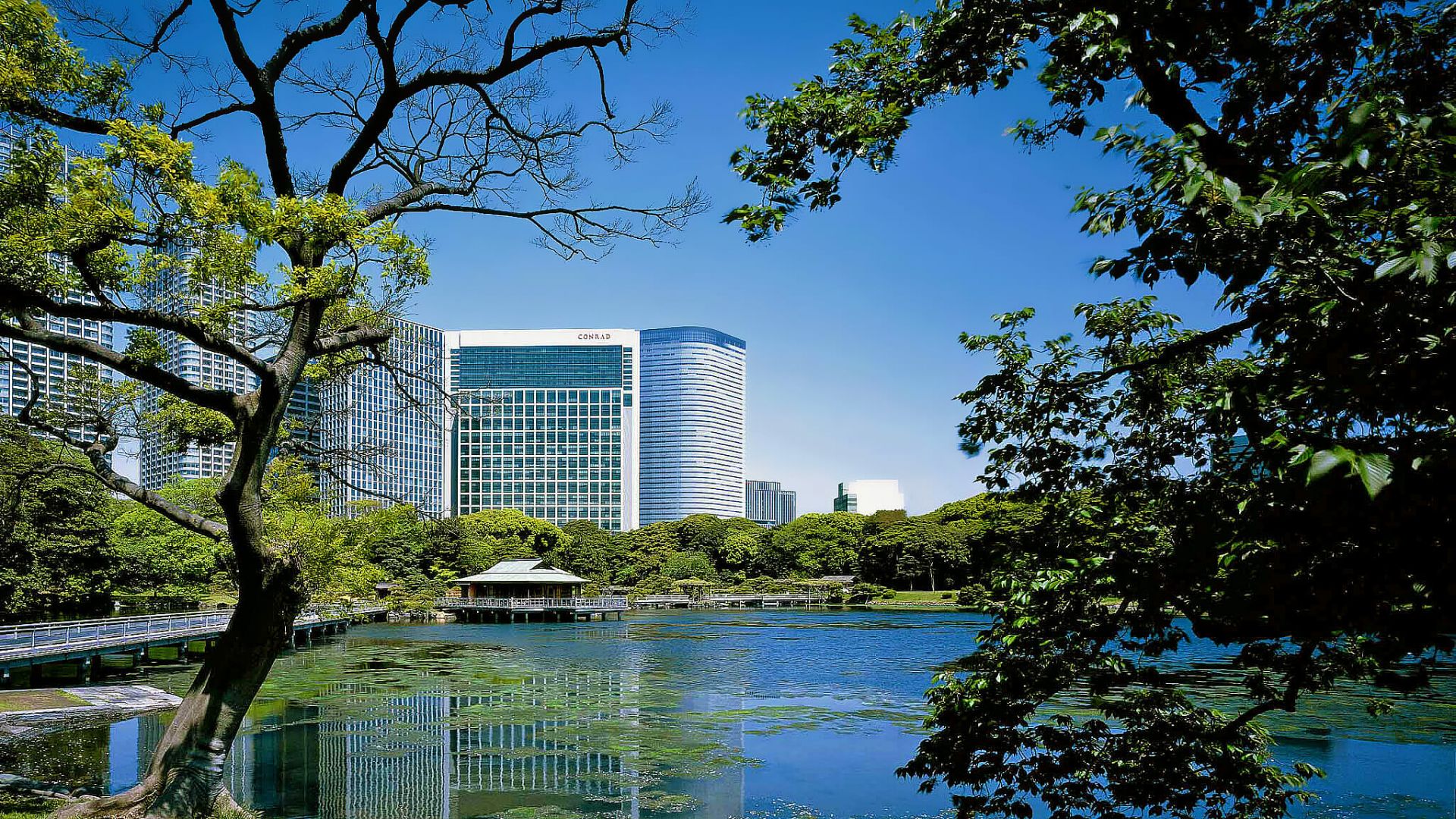 Exterior view of Conrad Tokyo with gardens and water