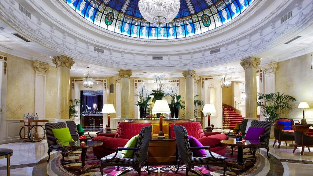 Lobby with stained glass rotunda dome roof