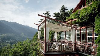 Alpine terrace with a view of the mountains