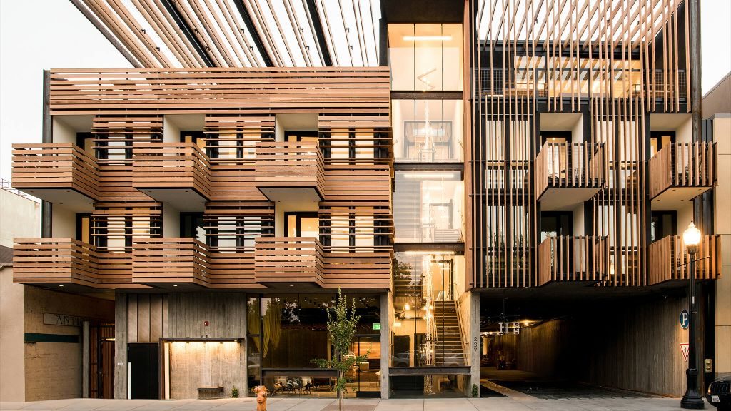Harmon Guest House's uneven architecture made with wood slats