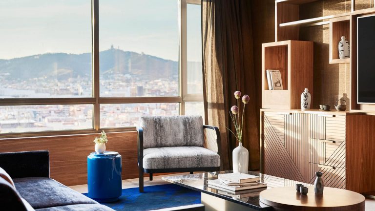 Suite at the Nobu Hotel Barcelona with Japanese decor and large windows
