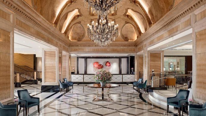 Marble lobby with European-style ceiling and chandelier at The Langham, Hong Kong