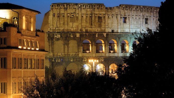 View of the Roman Colosseum from the Palazzo Manfredi hotel