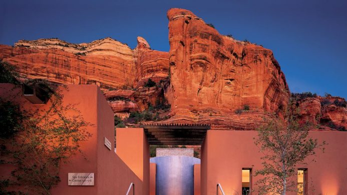 Enchantment Resort spa entrance with red rock backdrop