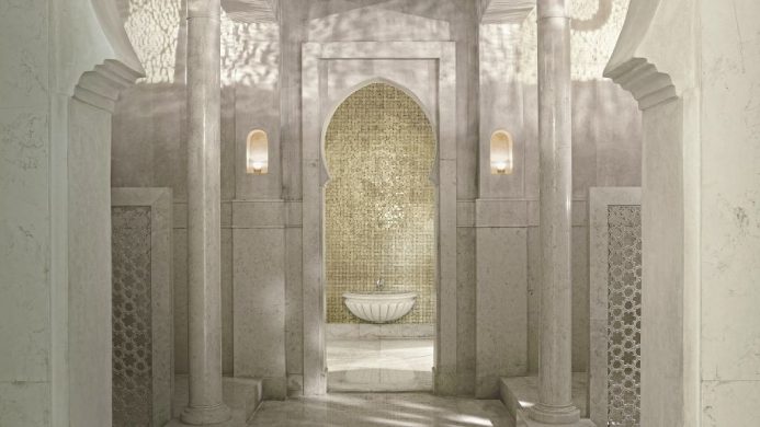 Hammam spa with intricate white Arabic architecture