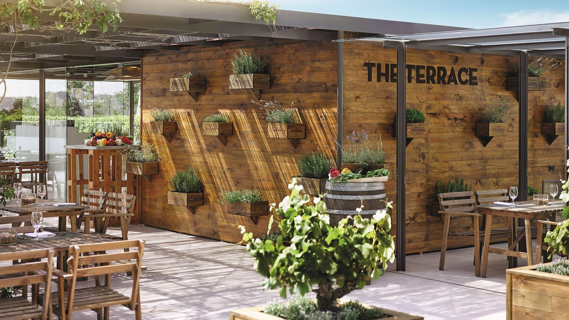 Terrace under a ivy covered wooden pergola at Fairmont Rey Juan Carlos