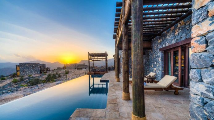 Alila Jabal Akhdar Jabal Villa pool next to mountain landscape