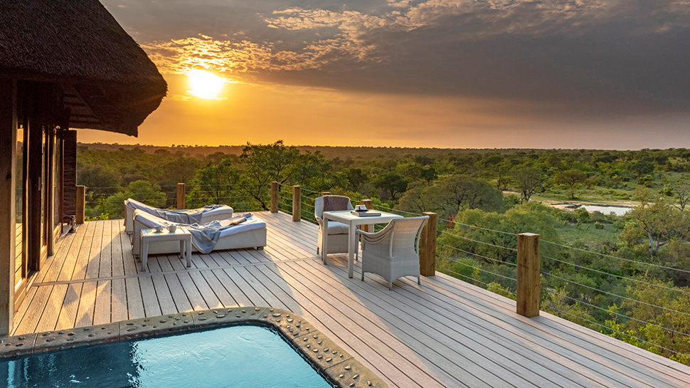 Leopard Hills Private Game Reserve suite deck with pool overlooking the bush plains