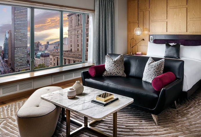 Fairmont The Queen Elizabeth's Royal Suite looking out to Montreal skyline