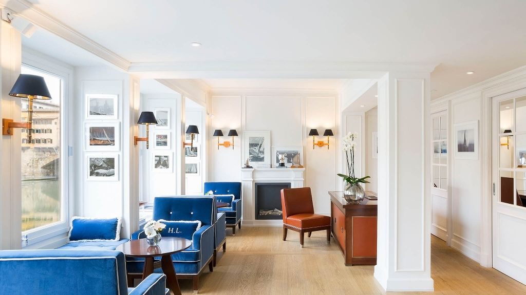 Lobby lounge filled with art at Hotel Lungarno