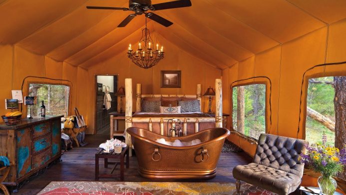 Copper tub inside luxury tent at The Resort at Paws Up