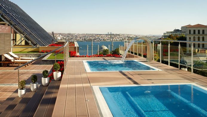 Ritz-Carlton, Istanbul'sspa terrace with pools overlooking the Bosphorus