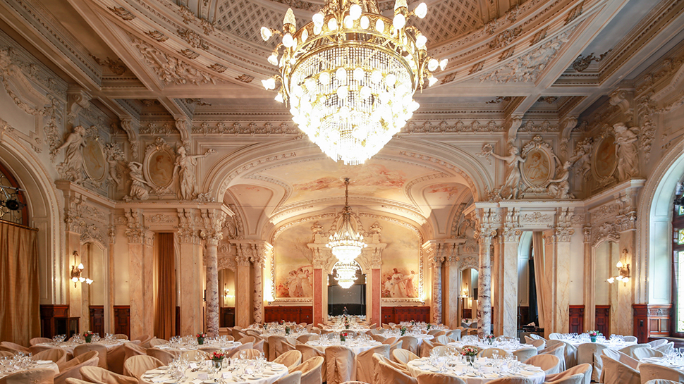 Beau-Rivage Palace Sandoz Ballroom with an intricate carved stucco ceiling