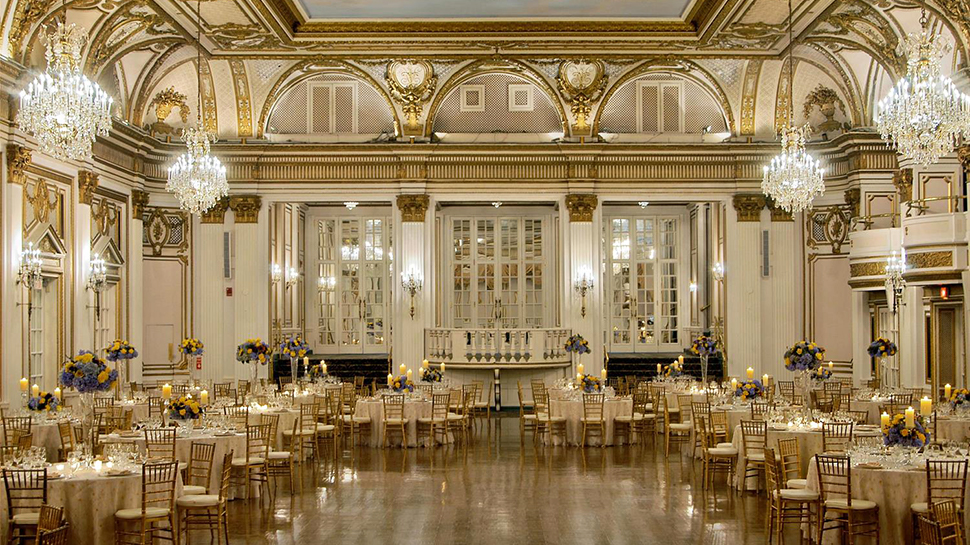 Fairmont Copley Plaza, Boston's Grand Ballroom with hanging chandeliers and a gilded ceiling