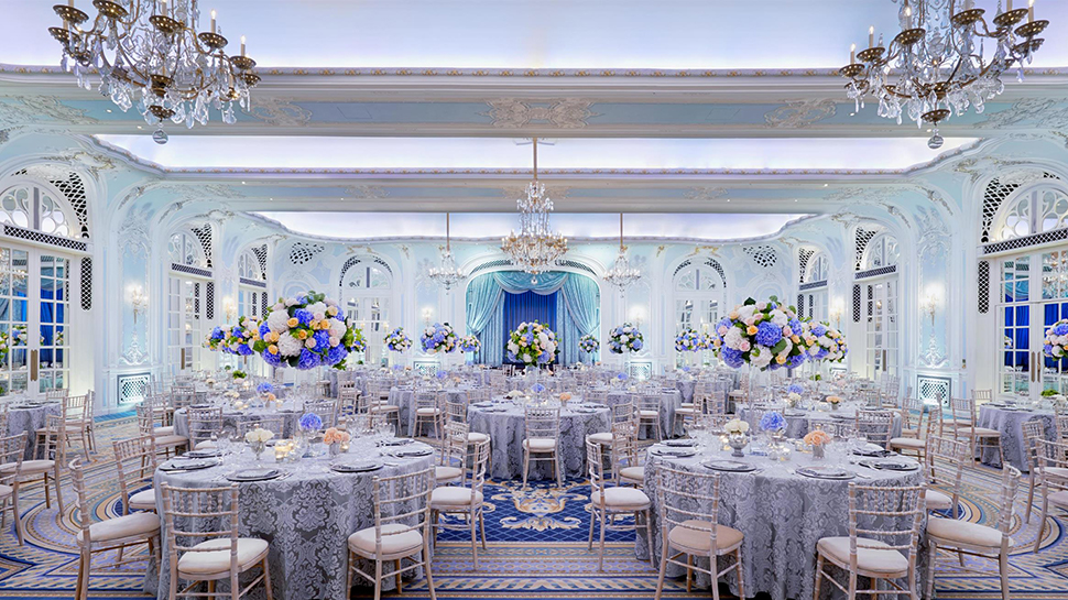 The Savoy's Lancaster Ballroom in a blue and white Edwardian style