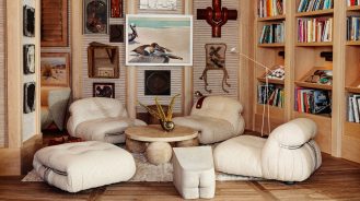 Santa Monica Proper Hotel's lobby nook with floor sofas surrounded by bookshelves
