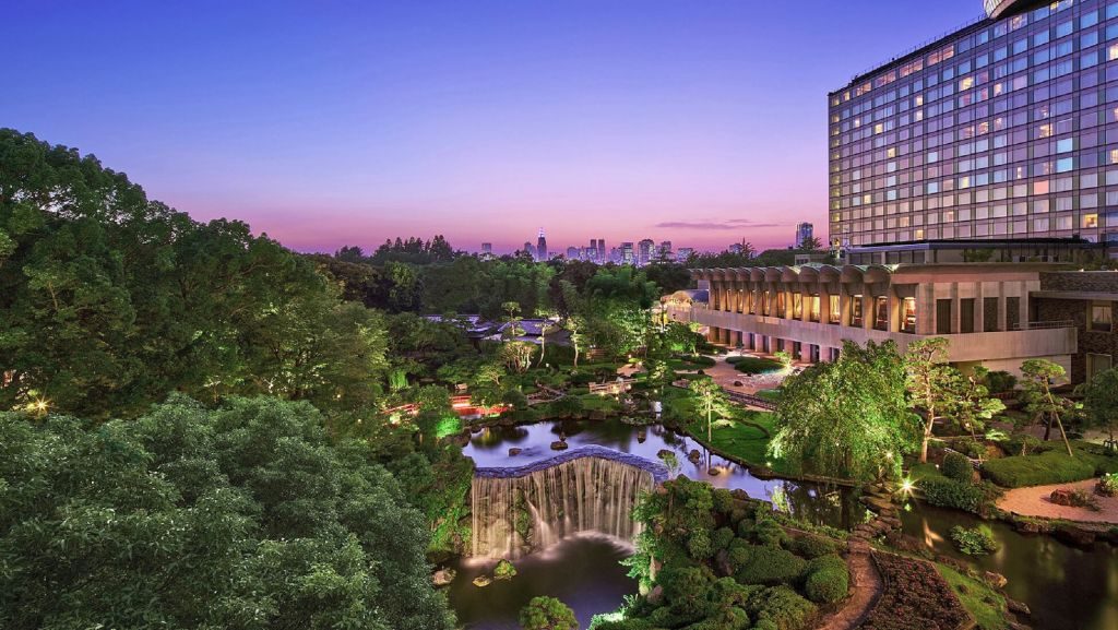 Hotel New Otani Tokyo's Japanese Garden with a waterfall at night