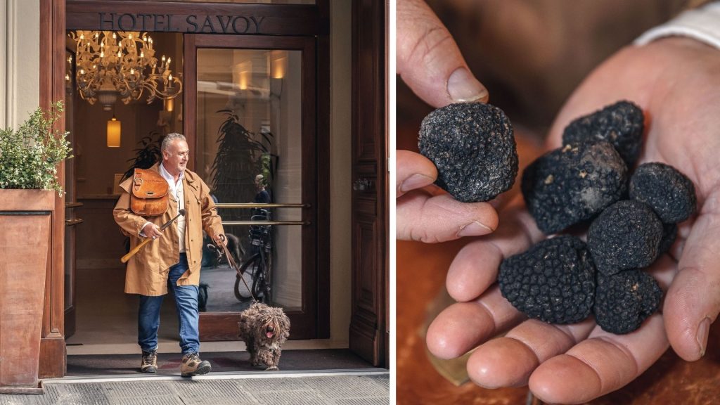 Truffle hunter Giulio Benuzzi and his sniffer dog in front of Hotel Savoy in Florence
