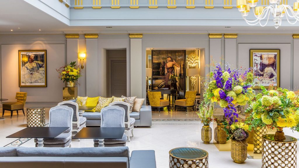Sofitel Paris le Faubourg's lobby longe with couture-inspired furniture and art