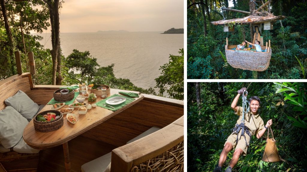 Dining in a bamboo treepod overlooking the ocean at Soneva Kiri