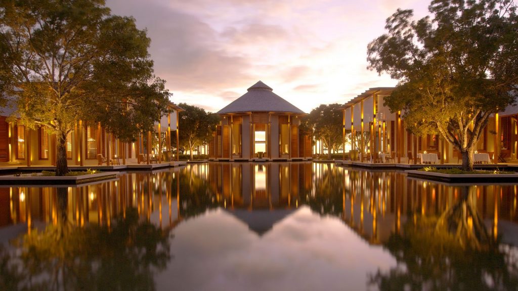Reflection pool at Amanyara Resort at dusk