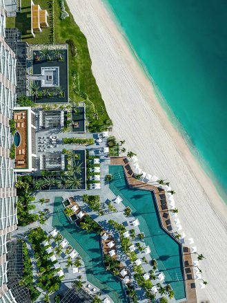 Aerial view of Waldorf Astoria Cancun beach and pools