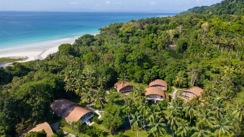 Taj Exotica Resort & Spa, Andamans aerial view of villas and pristine Radhanagar Beach