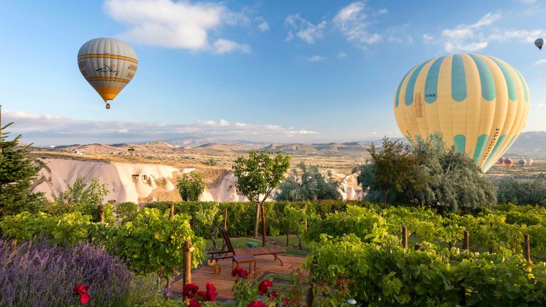 best hotels in Türkiye- Ariana Sustainability Lodge - Sun Terrace with Hot Air Balloons