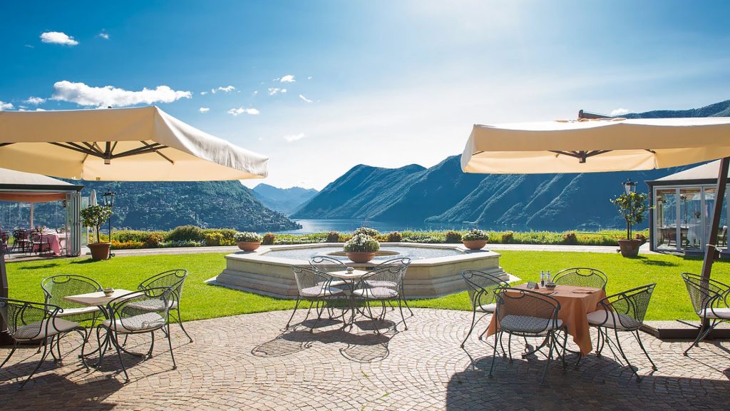 best romantic getaways - Villa Principe Leopoldo fountain with lake and mountain backdrop