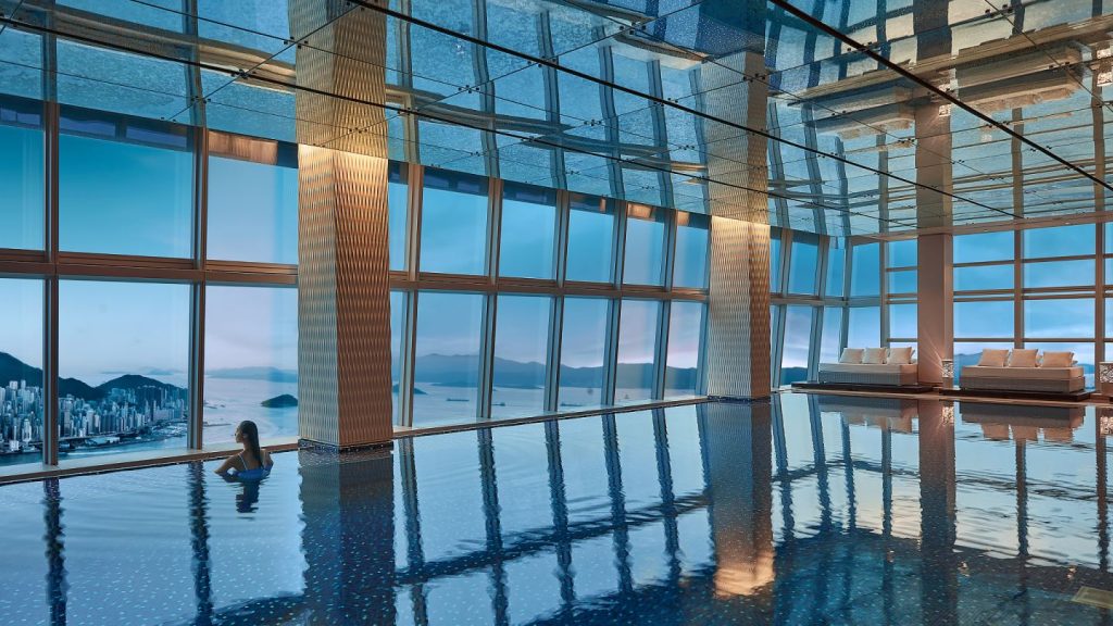 Skyscraper hotels - The Ritz-Carlton - Hong Kong - indoor pool overlooking Victoria Harbour