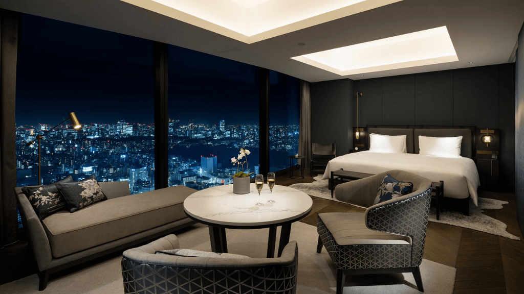 Skyscraper hotels - Bellustar Tokyo - Tokyo, Japan - hotel room with nighttime view of Shinjuku