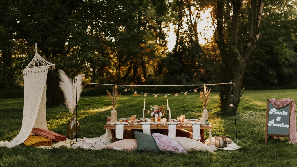 Picnic spots - Conrad New York Downtown - New York City, United States - picnic table, pillows and lights set up in a park